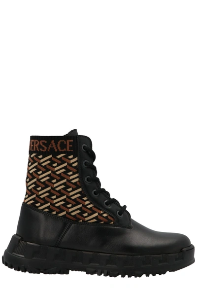 Shop Versace Kids Logo Jacquard Boots In Multi