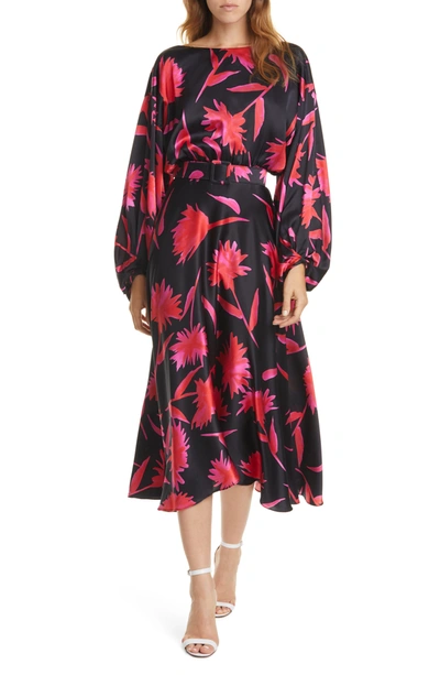 Shop Saloni Kim Silk Dress In Noir Carnation Large