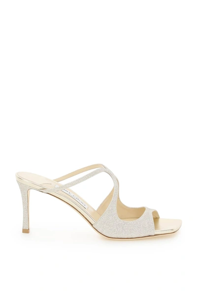 Shop Jimmy Choo Glittered Anise 75 Sandals In Platinum Ice (gold)