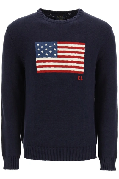 Shop Polo Ralph Lauren Sweater With American Flag In Navy (blue)