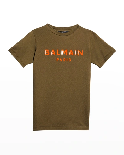 Shop Balmain Boy's Logo-print Cotton T-shirt In 719 Khaki Green