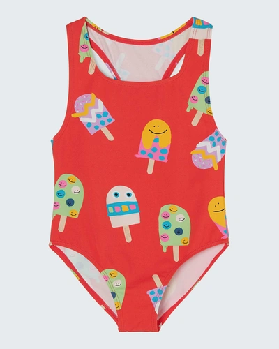 Shop Stella Mccartney Girl's Ice Cream One-piece Swimsuit In 412mc Red