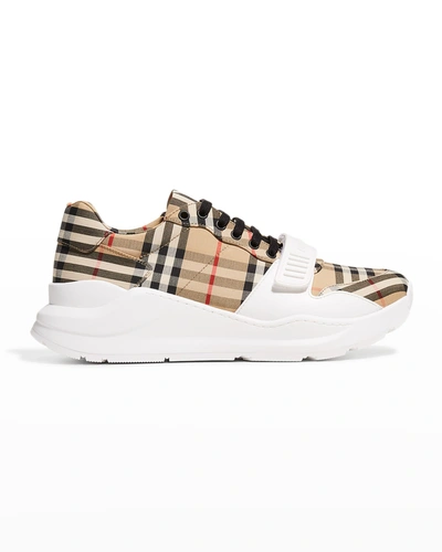 Shop Burberry Men's Regis Check Trainer Sneakers In Archive Beige