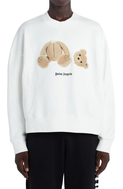 Shop Palm Angels Bear Appliqué Cotton Sweatshirt In Off White Brown
