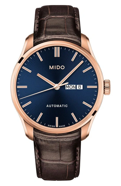 Shop Mido Belluna Ii Leather Strap Watch, 42mm In Brown/ Blue/ Rose Gold