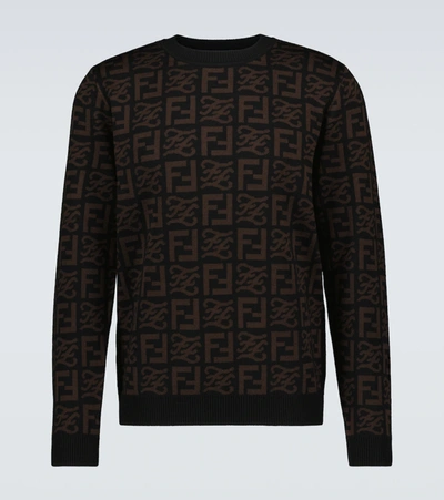Shop Fendi Wool Ff Crewneck Sweater In Nero+moka
