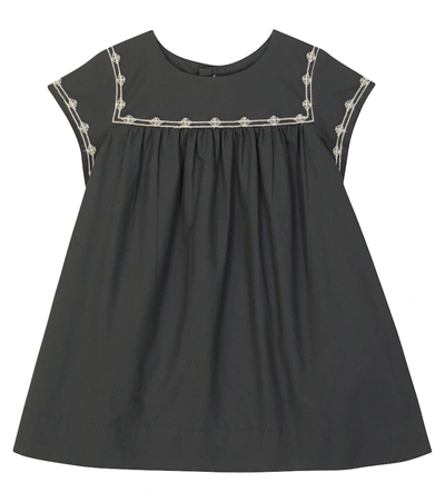 Shop Bonpoint Baby Embroidered Cotton Dress In Slate Grey