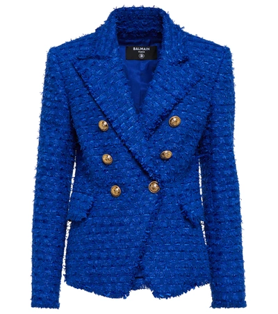 Shop Balmain Double-breasted Tweed Blazer In Bleu Gitane