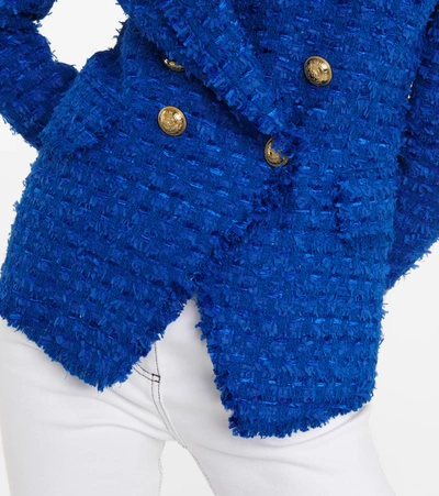 Shop Balmain Double-breasted Tweed Blazer In Bleu Gitane