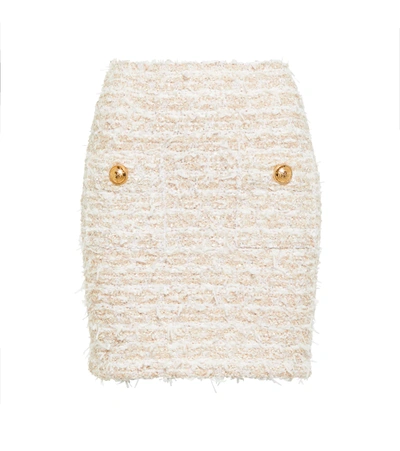 Shop Balmain Embellished Tweed Miniskirt In Blanc/or