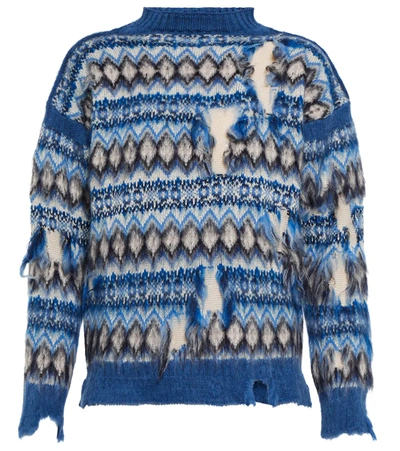 Shop Maison Margiela Distressed Jacquard Wool-blend Sweater In Blue Jacquard