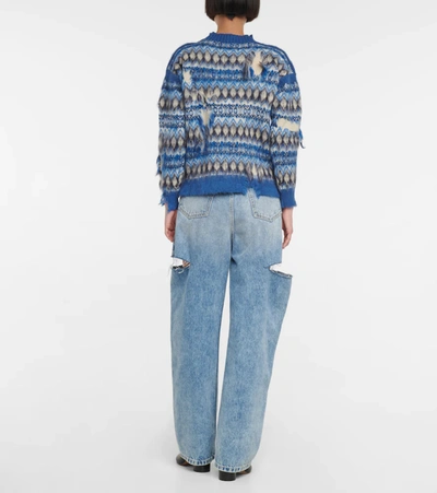 Shop Maison Margiela Distressed Jacquard Wool-blend Sweater In Blue Jacquard