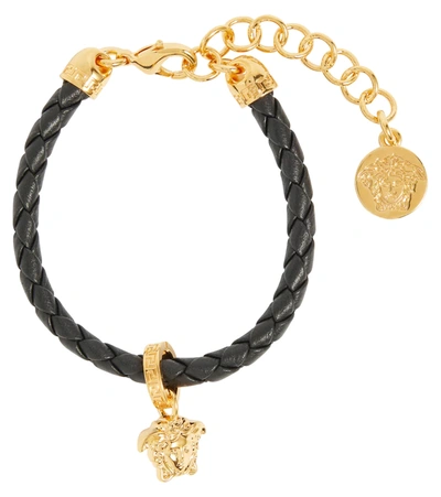 Shop Versace Medusa Leather Bracelet In Black Warm Gold