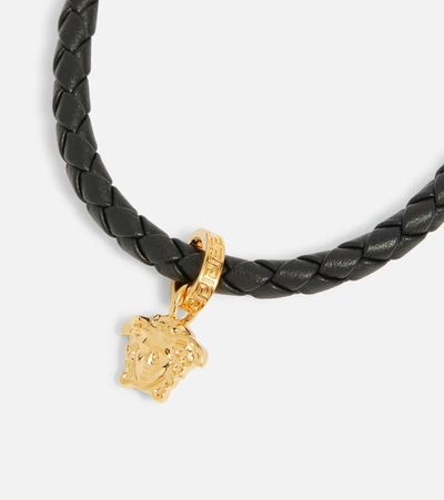 Shop Versace Medusa Leather Bracelet In Black Warm Gold