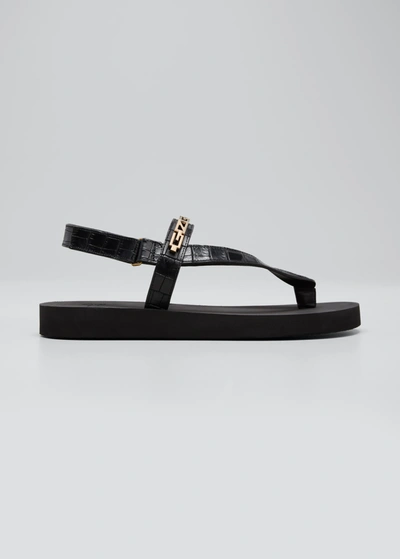 Shop Giuseppe Zanotti Men's Gz Logo Moc-croc Thong Sandals In Blk/gold