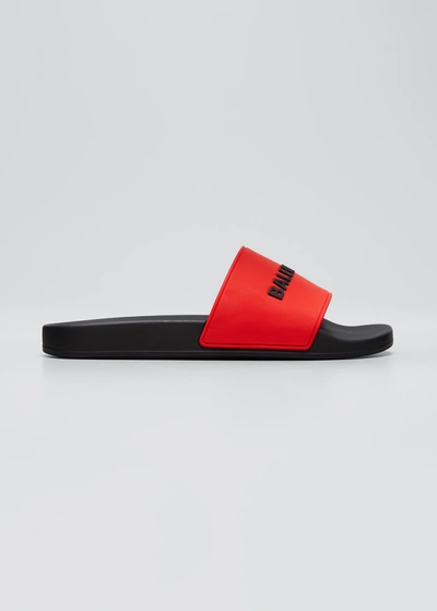 Shop Balenciaga Men's Logo Rubber Pool Slide Sandals In Roug.nero