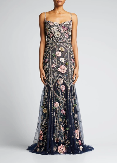 Shop Marchesa Floral Embellished Trumpet Gown In Midnight