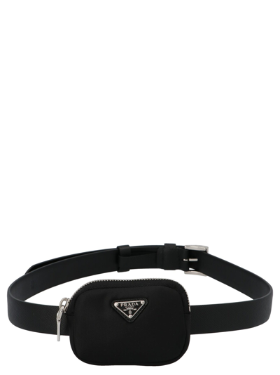 Shop Prada Pouch Application Leather Belt In Black