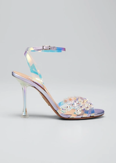 Shop Aquazzura Meteorite Iridescent Starburst Ankle-strap Sandals In Dusk