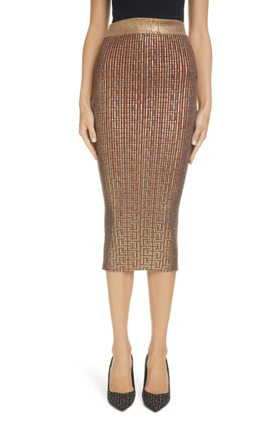 Shop Balmain Laminated Monogram Rib Skirt In Abh Multicolore/ Or