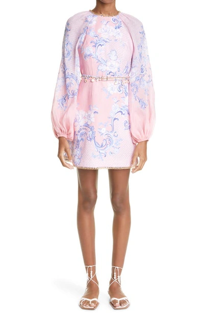 Zimmermann Postcard Embellished Ramie And Silk-trimmed Linen Dress In Swirl Floral Coral