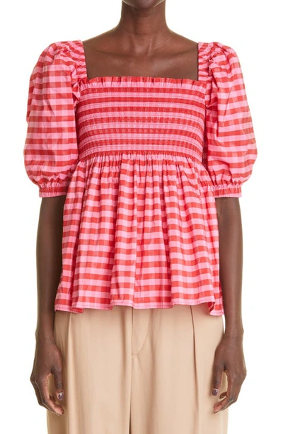 Shop Molly Goddard Axel Gingham Smocked Taffeta Top In Pink/ Red