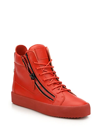 Shop Giuseppe Zanotti Double Zip Leather High-top Sneakers In Red