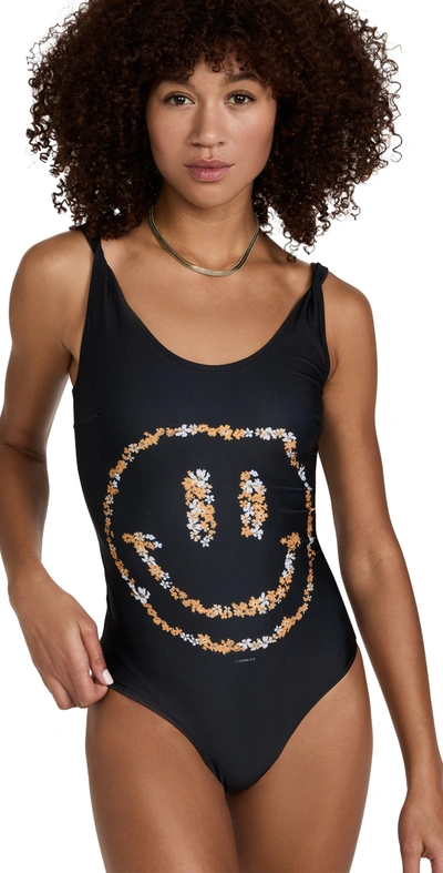 Shop Ganni Twisted Strap Swimsuit Smiley - Placement Print In Black