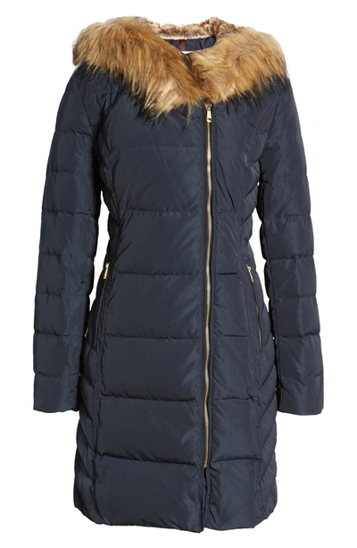 Shop Cole Haan Feather & Down Puffer Jacket With Faux Fur Trim In Navy