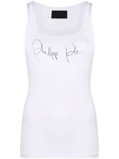 Shop Philipp Plein Rhinestone-logo Tank Top In White