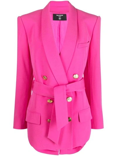 Shop Balmain Double-breasted Belted Blazer In Pink