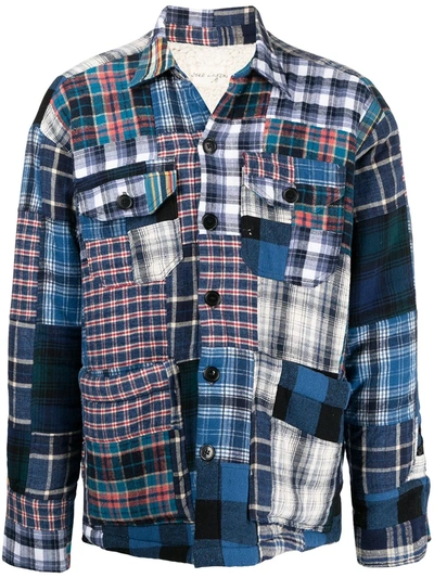 Shop Greg Lauren Patchwork Shearling-lined Shirt Jacket In Blue