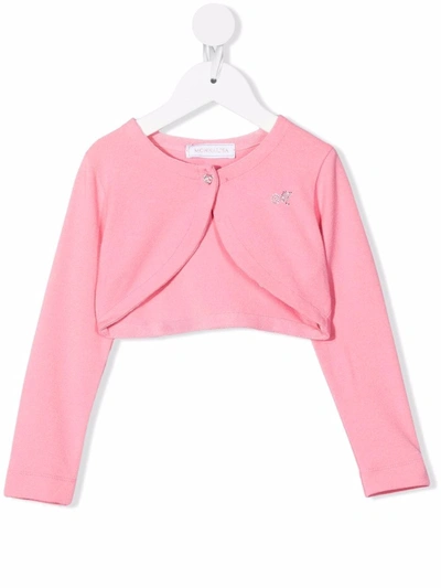 Monnalisa Rhinestone-logo One-button Cardigan In Pink