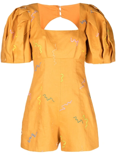 Shop Alemais Sundance Embroidered Puff-sleeve Playsuit In Yellow