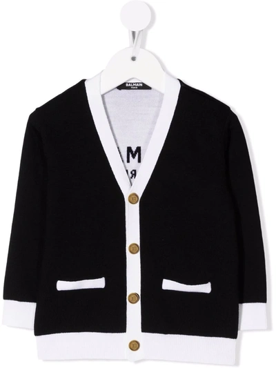 Shop Balmain Intarsia-knit Logo Cardigan In Black