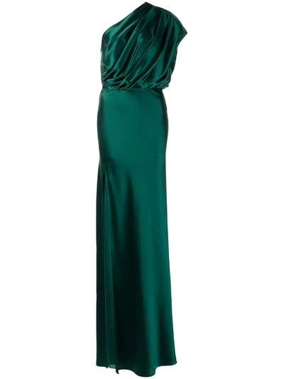 Shop Michelle Mason Asymmetric Open Back Gown In Green