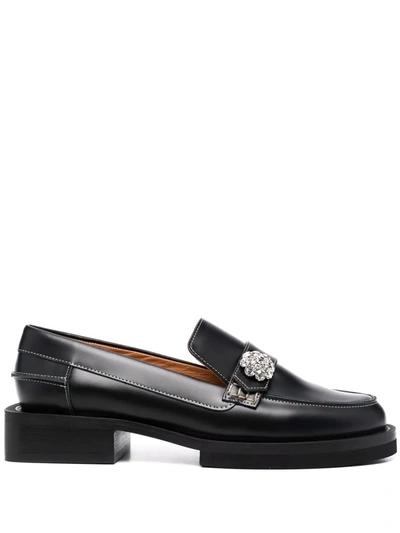 Shop Ganni Crystal-embellished Flat Loafers In Black