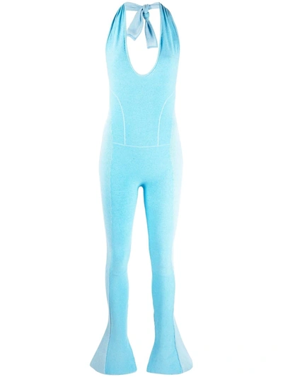 Shop Jacquemus Halterneck Flared Jumpsuit In Blue