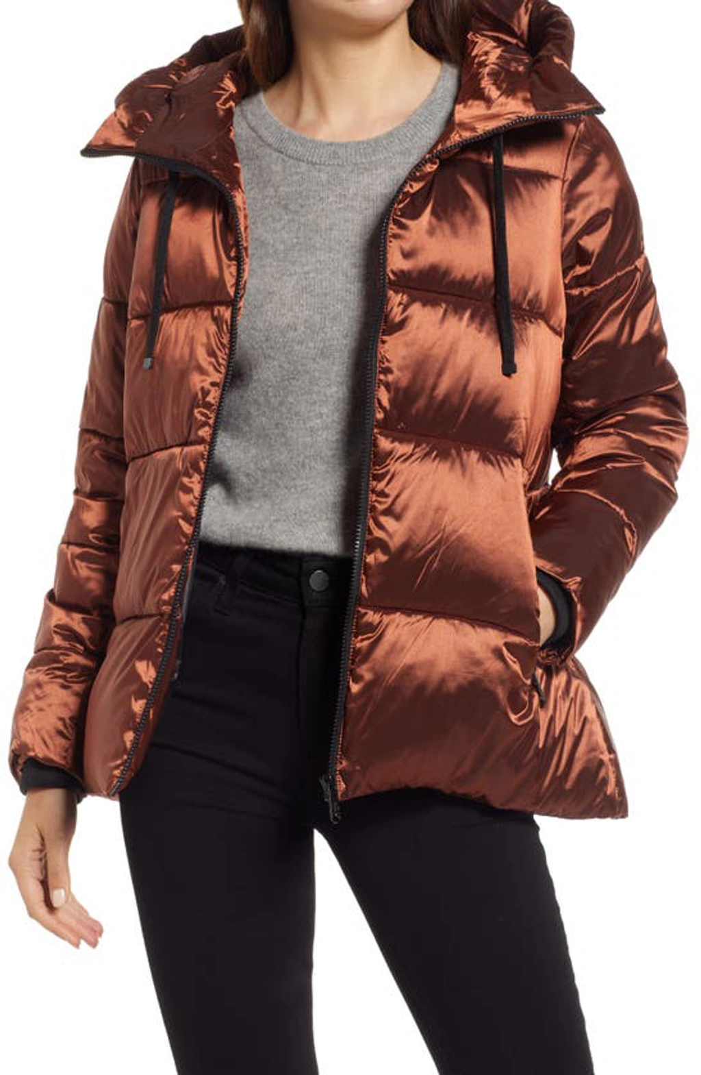 Sam Edelman Iridescent Water Repellent Hooded Puffer Jacket In Copper ModeSens
