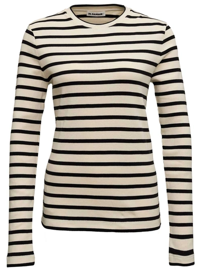 Shop Jil Sander Cotton Striped Long-sleeved Crew Neck Sweater In White