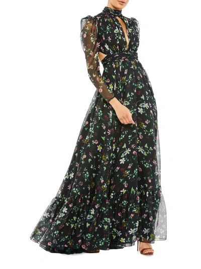 Shop Mac Duggal Women's Floral-print Chiffon Gown In Black Floral