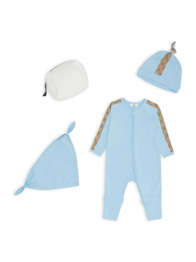 Shop Burberry Baby Boy's 3-piece Check Trim Gift Set In Powdered Blue
