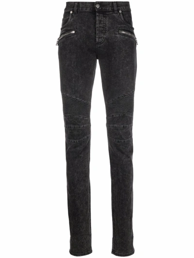 Shop Balmain Monogram Ribbed-detail Slim Jeans In Schwarz