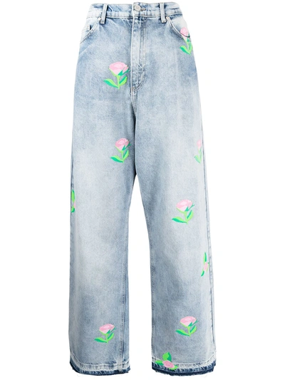 Shop Natasha Zinko Rose-print Wide-leg Jeans In Blau