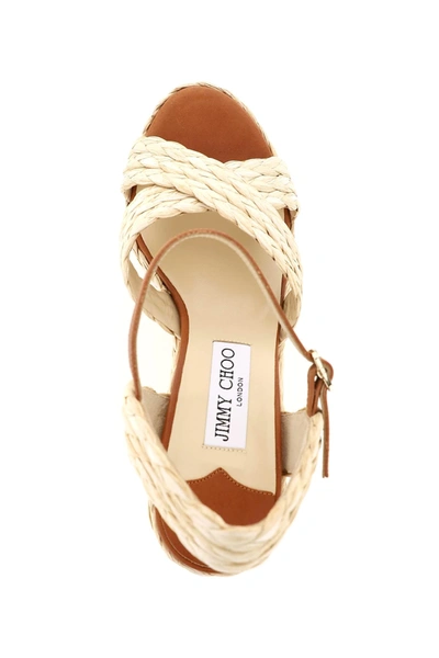 Shop Jimmy Choo Woven Raffia Dellena 100 Wedge Sandals In Beige,brown