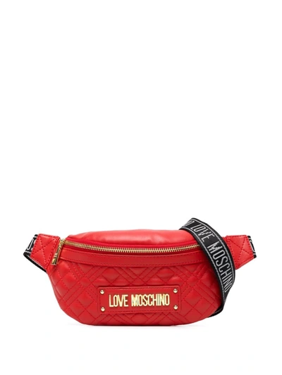 Shop Love Moschino Quilted Logo Plaque Belt Bag In Red