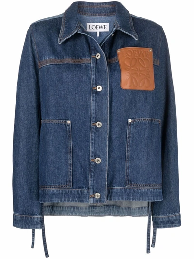 Leather-trimmed Two-tone Denim Jacket In Blue