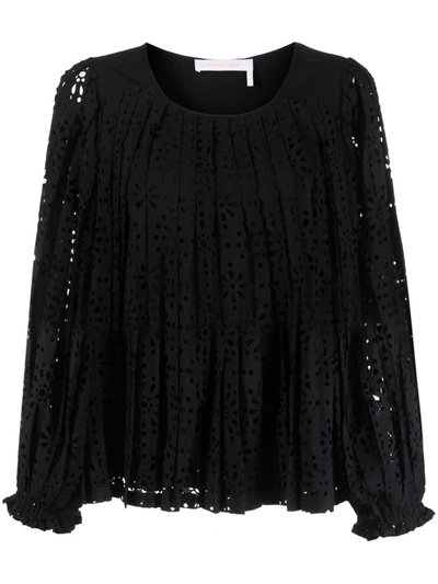 Shop See By Chloé Embroidered Pleat Blouse In Black