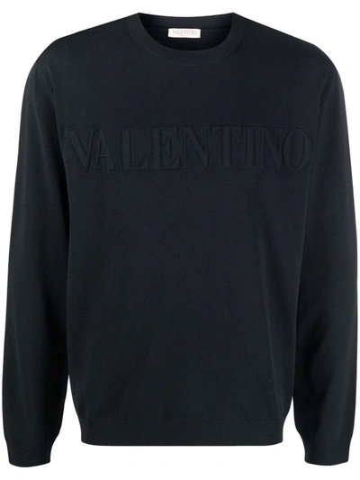 Shop Valentino Embossed-logo Crew-neck Sweatshirt In Blue