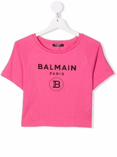 Shop Balmain Teen Logo-print Cropped T-shirt In Pink